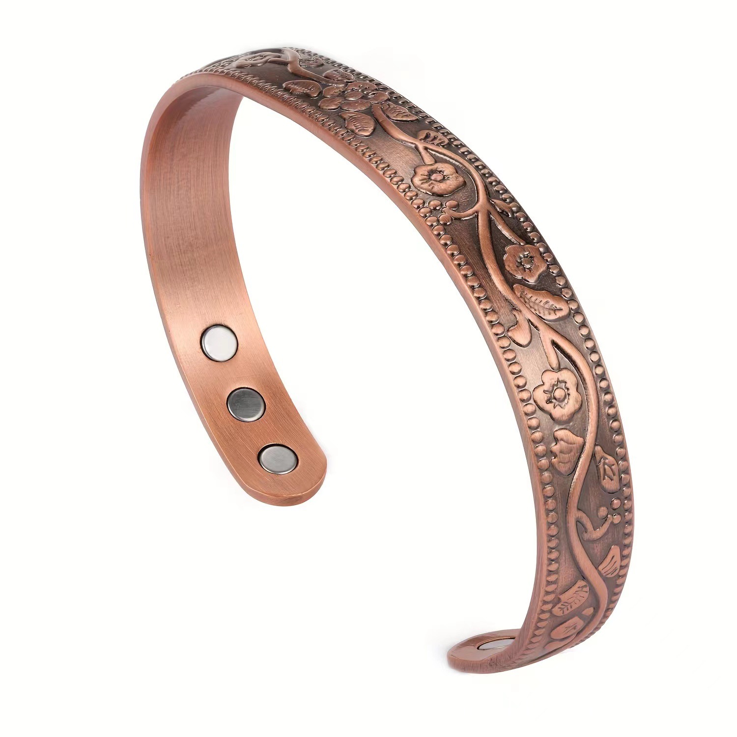 Floral Embossed Adjustable Copper Cuff Bangle - Brazalete de Cobre Ajustable con Flores en Relieve.