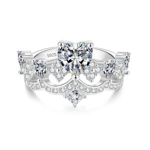 Romantic heart shaped moissanite engagement ring with crown tiara design
