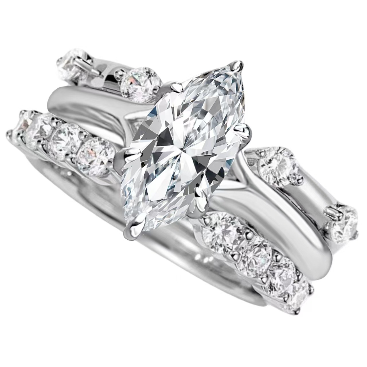 Marquise cut moissanite engagement ring with stackable side bands 3 pieces