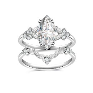 Marquise Moissanite Engagement Ring paired with a V-shaped Curved Wedding Band.