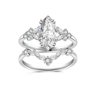 Marquise Moissanite Engagement Ring paired with a V-shaped Curved Wedding Band.