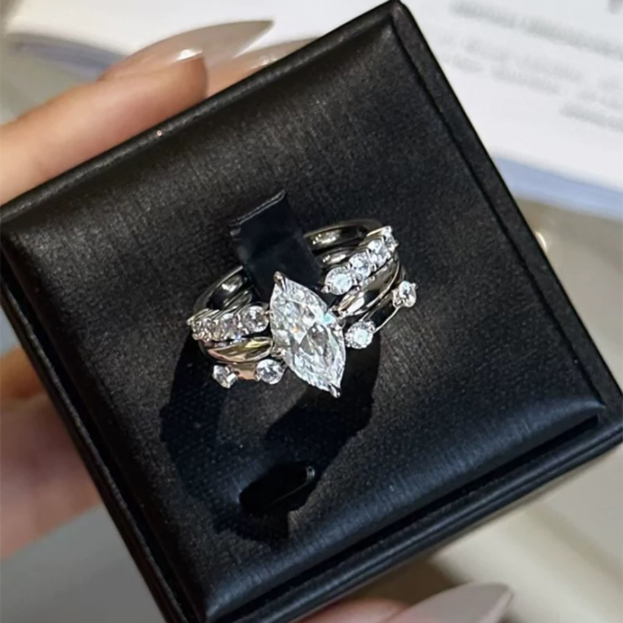 Marquise Cut Moissanite Engagement Ring Set - 3-Piece Bridal Wedding Bands for Women - Image 5