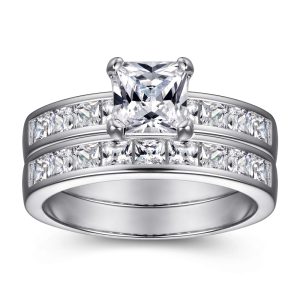 2 Carat Princess Cut Moissanite Engagement Ring Set in White Gold Plated Silver