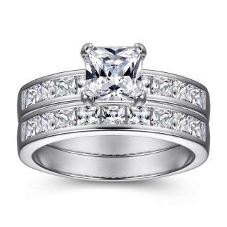 2 Carat Princess Cut Moissanite Engagement Ring Set in White Gold Plated Silver