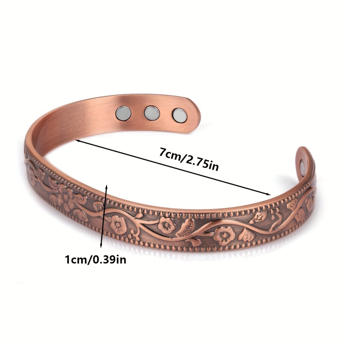 Vintage Copper Magnetic Therapy Bracelet, Adjustable Embossed Floral Healing Cuff Bangle - Image 2