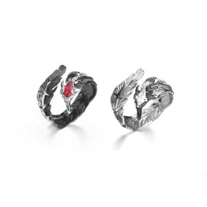Gothic Feather Matching Promise Rings for Couples – Adjustable Sterling Silver Wrap Rings