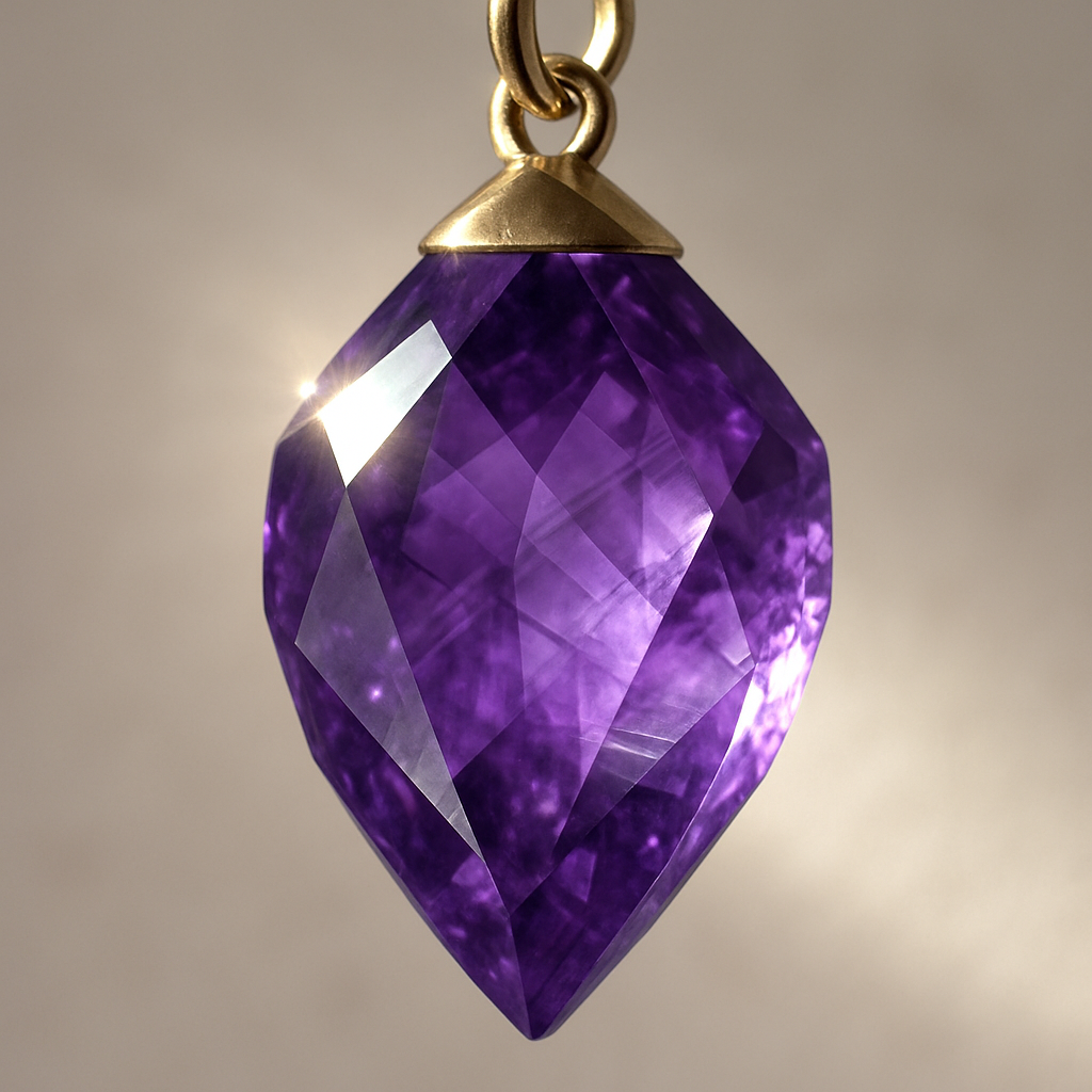 A close-up of a high-quality faceted amethyst pendant showing slight natural internal structures under bright light.