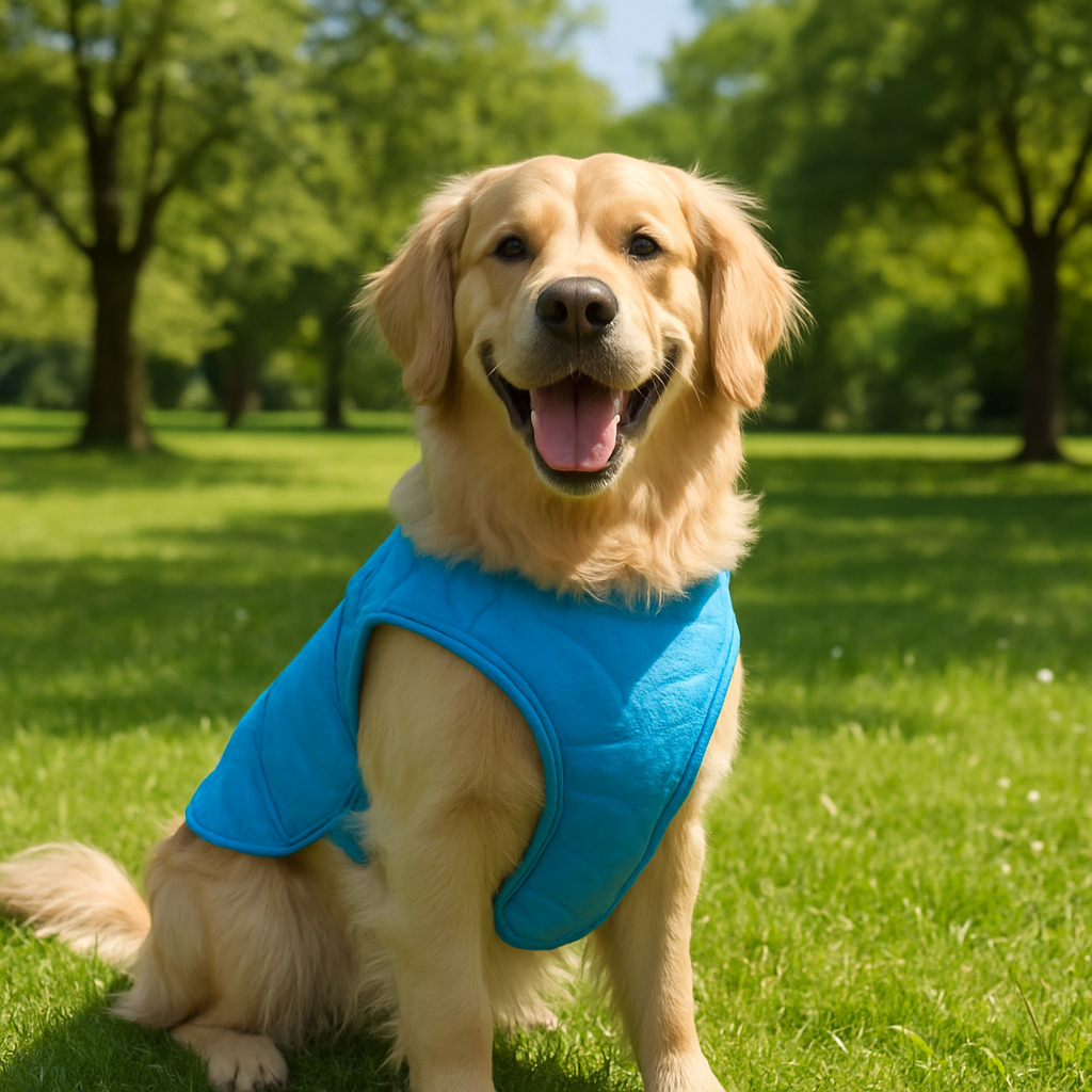 A happy golden retriever wearing a blue cooling vest in a sunny park