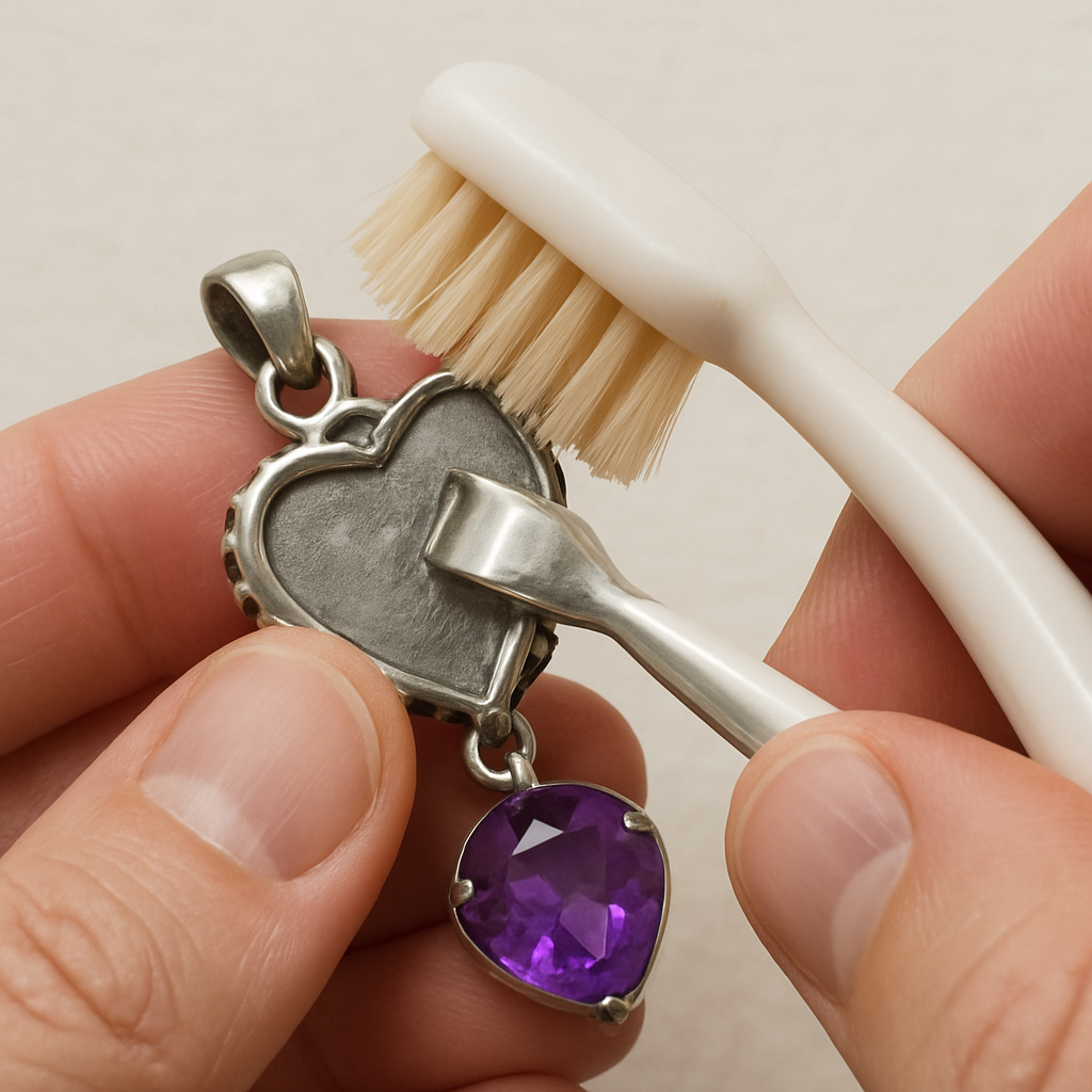 A simple visual demonstrating a person using a soft-bristled toothbrush to clean the back of a silver-set amethyst pendant.