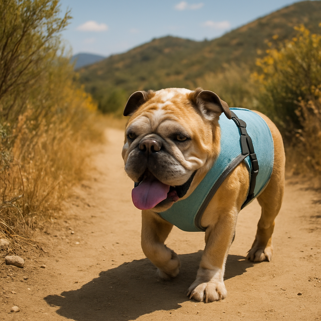 A senior bulldog wearing a cooling harness on a summer hiking trail