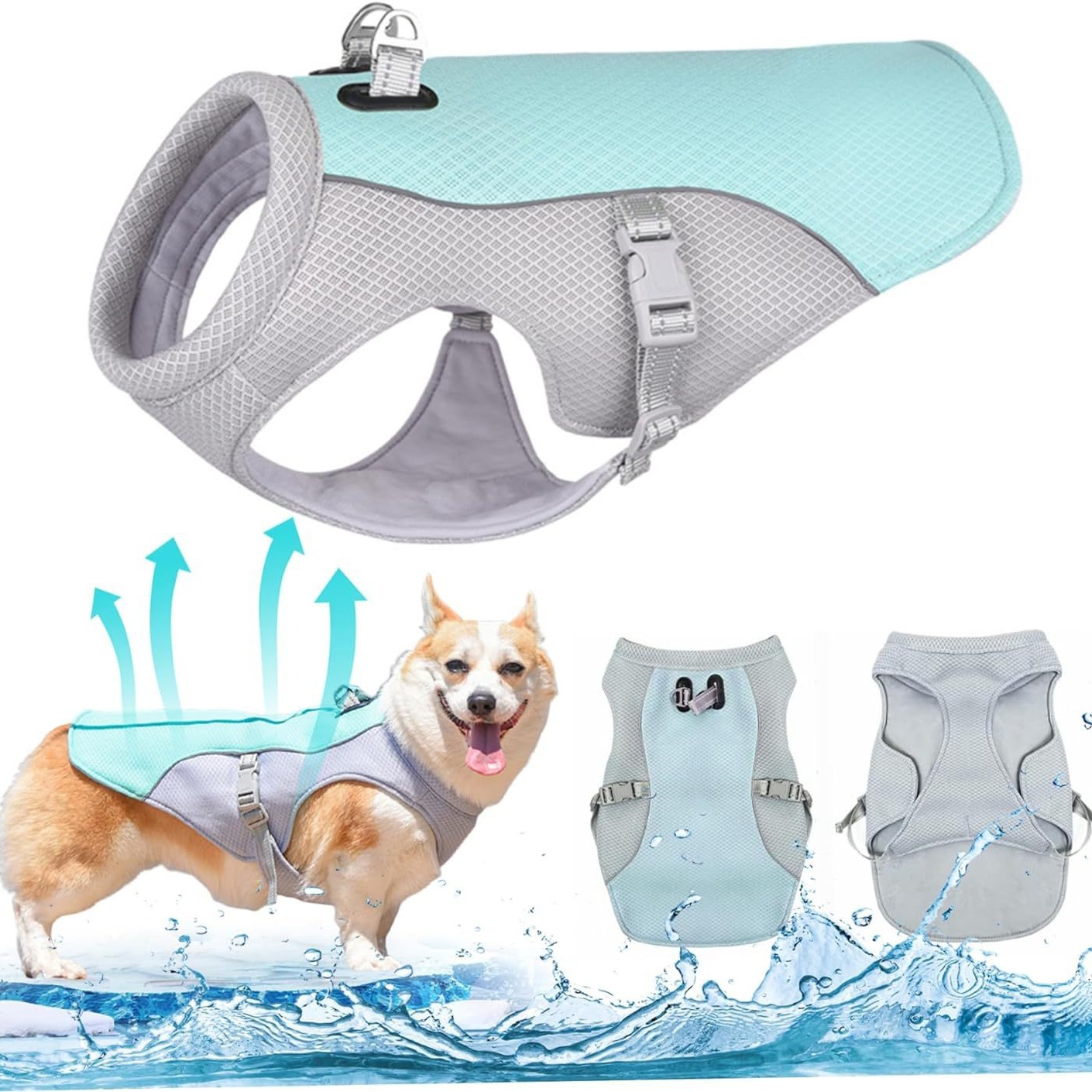 Breathable dog harness canine cooling vest evaporative summer jacket, arnés ajustable enfriante para perro, harnais réglable rafraîchissant pour chien, verstellbare kühlweste für hunde, 調節可能な犬用冷却ハーネス