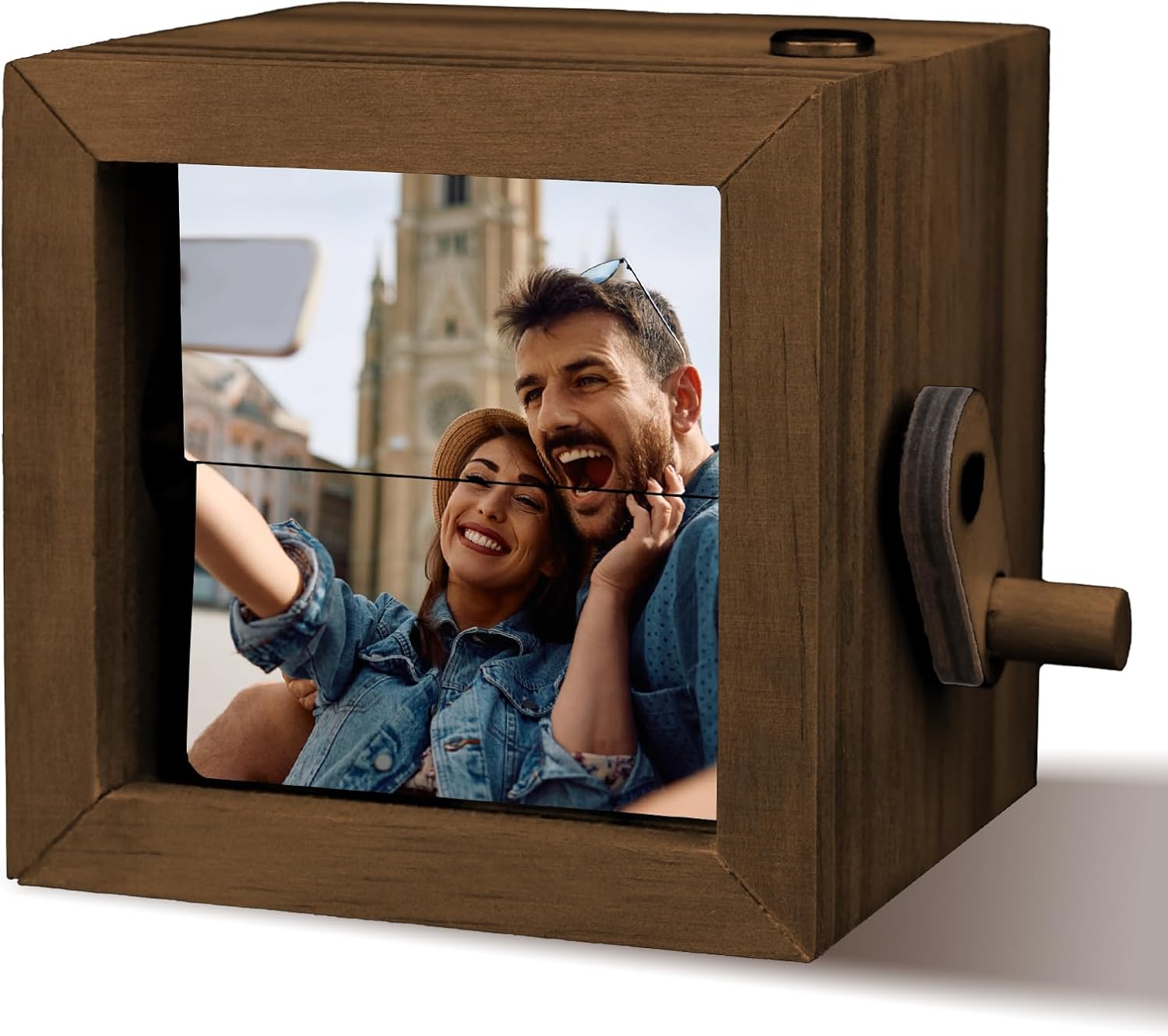 Custom hand-crank flip photo box, caja de fotos personalizada con manivela, cadre photo flip manuel, personalisierter Fotobox-Bilderrahmen, 手回し式カスタムフォトフリップボックス