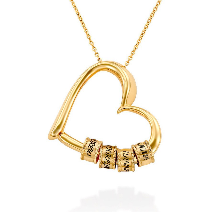 Personalized Heart Name Necklace with Engraved Beads collar con nombre personalizado collier coeur avec prenom Namenskette mit gravierten Perlen ハート刻印ネックレス
