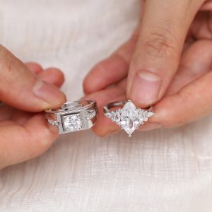 Luxury matching couple rings set cubic zirconia in silver - anillos para parejas a juego