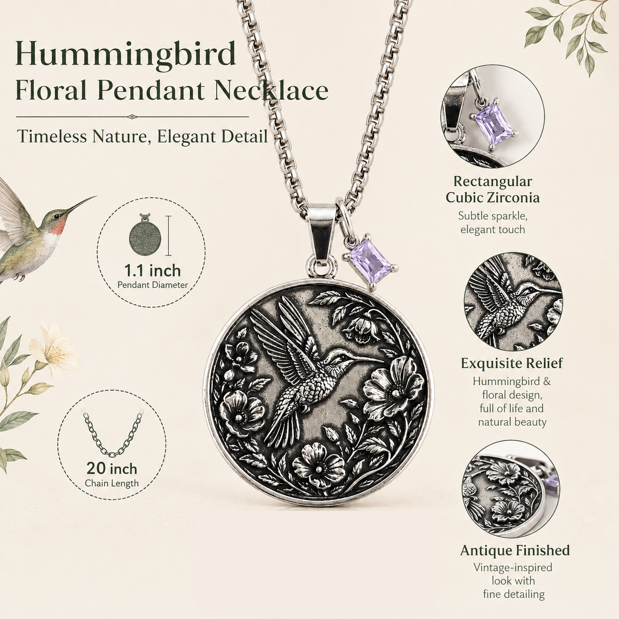 Personalized Hummingbird Pendant Necklace with Birthstone for Women Her Mom - Image 3