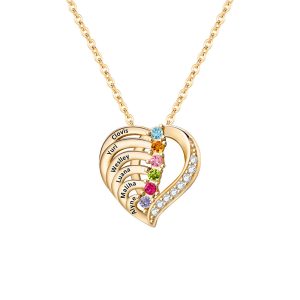 Personalized heart birthstone necklace for mom with 6 names. Collar personalizado con nombres, collier avec prénom personnalisé, personalisierte kette mit namen, 名前入りハートネックレス。