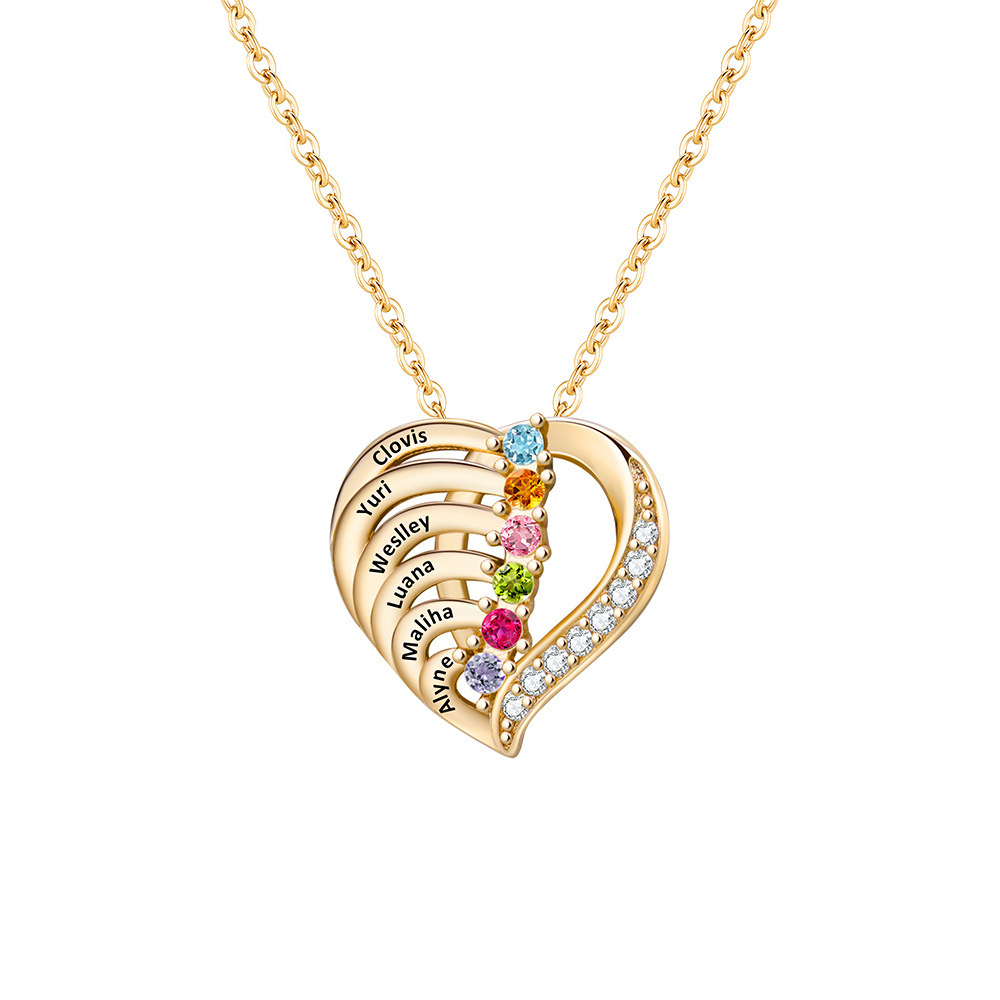Personalized heart birthstone necklace for mom with 6 names. Collar personalizado con nombres, collier avec prénom personnalisé, personalisierte kette mit namen, 名前入りハートネックレス。