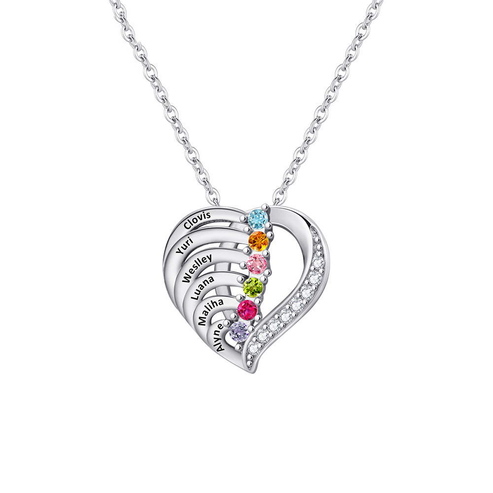 Custom engraved family tree heart pendant with colorful stones. Joyería personalizada de piedras de nacimiento, bijoux de naissance personnalisés, geburtsstein kette personalisiert, 誕生石入りネックレス