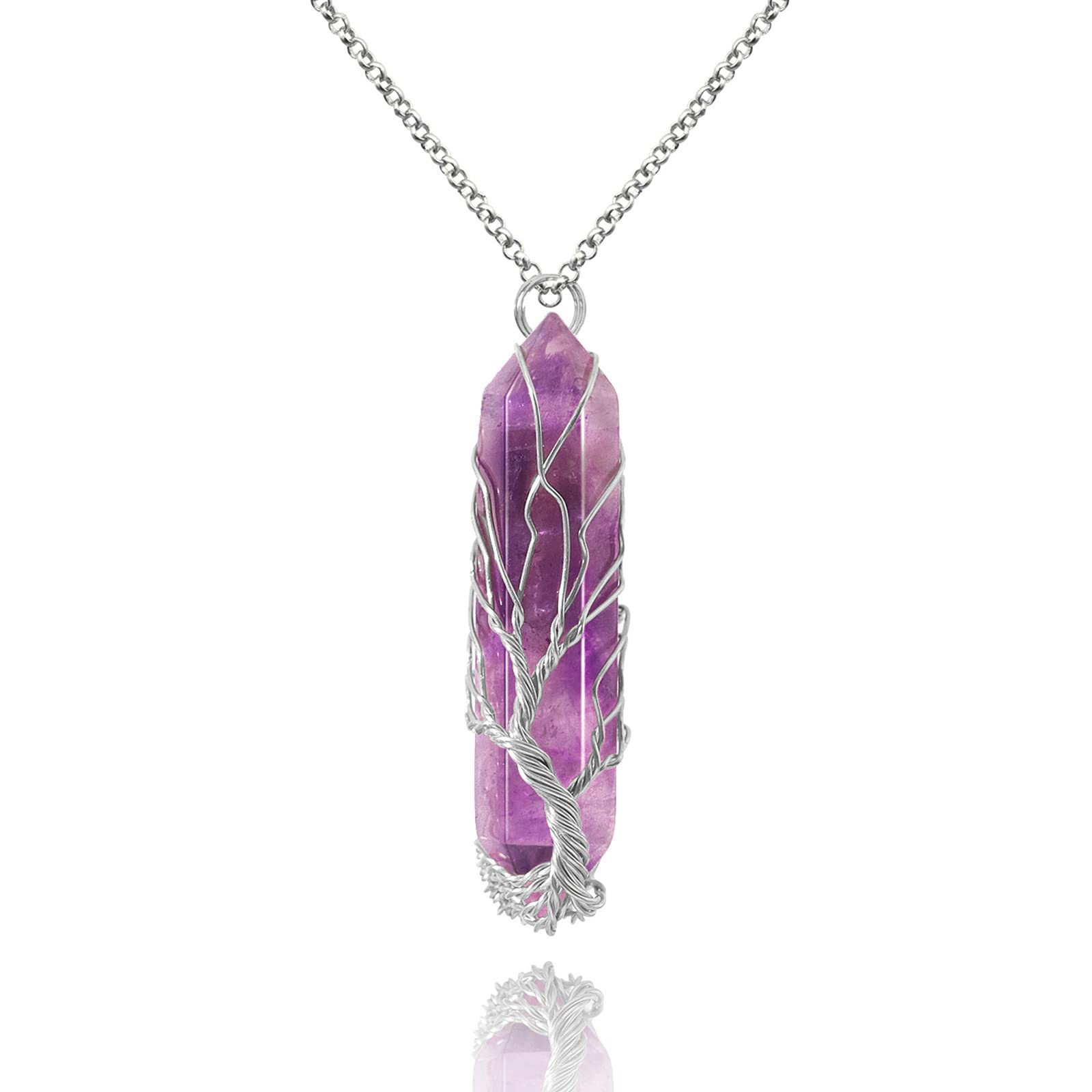 Natural purple quartz hexagonal column gemstone jewelry; Collar de piedra preciosa de amatista púrpura; Collier de pierres précieuses en améthyste; Lila Amethyst Edelstein-Halskette; 天然紫アメジスト六角柱ジェムストーンネックレス