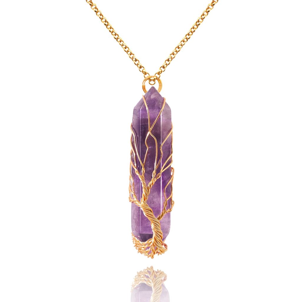 Tree of Life wire wrapped amethyst crystal pendant necklace; Colgante de amatista Árbol de la Vida; Pendentif améthyste Arbre de Vie; Lebensbaum Amethyst Anhänger; 生命の樹アメジストクリスタルペンダント
