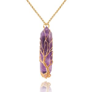Tree of Life wire wrapped amethyst crystal pendant necklace; Colgante de amatista Árbol de la Vida; Pendentif améthyste Arbre de Vie; Lebensbaum Amethyst Anhänger; 生命の樹アメジストクリスタルペンダント