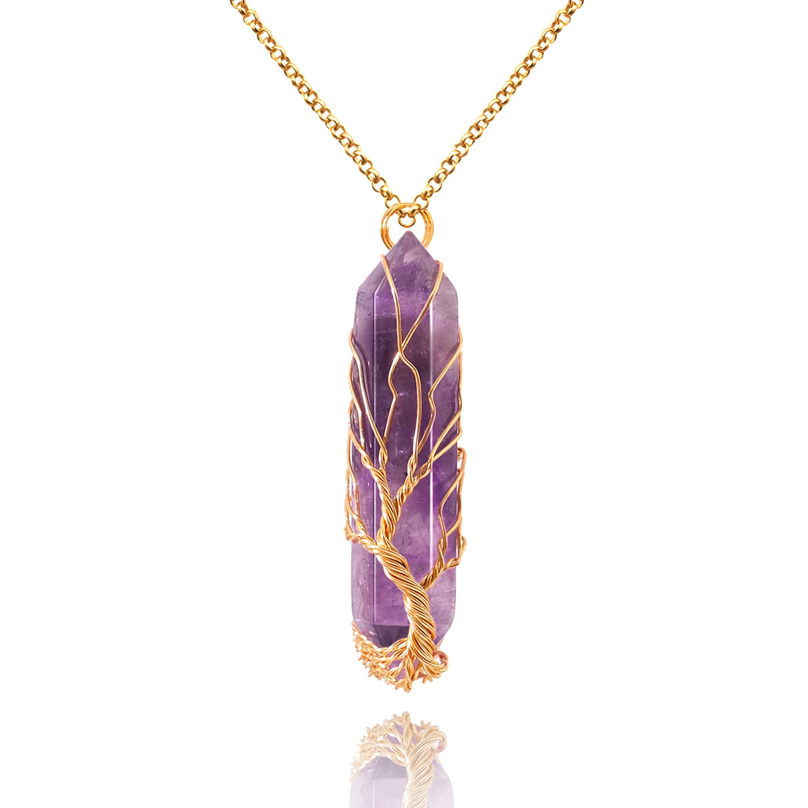 Tree of Life wire wrapped amethyst crystal pendant necklace; Colgante de amatista Árbol de la Vida; Pendentif améthyste Arbre de Vie; Lebensbaum Amethyst Anhänger; 生命の樹アメジストクリスタルペンダント
