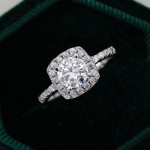 Cushion cut halo engagement ring with pave diamond band sterling silver wedding ring
