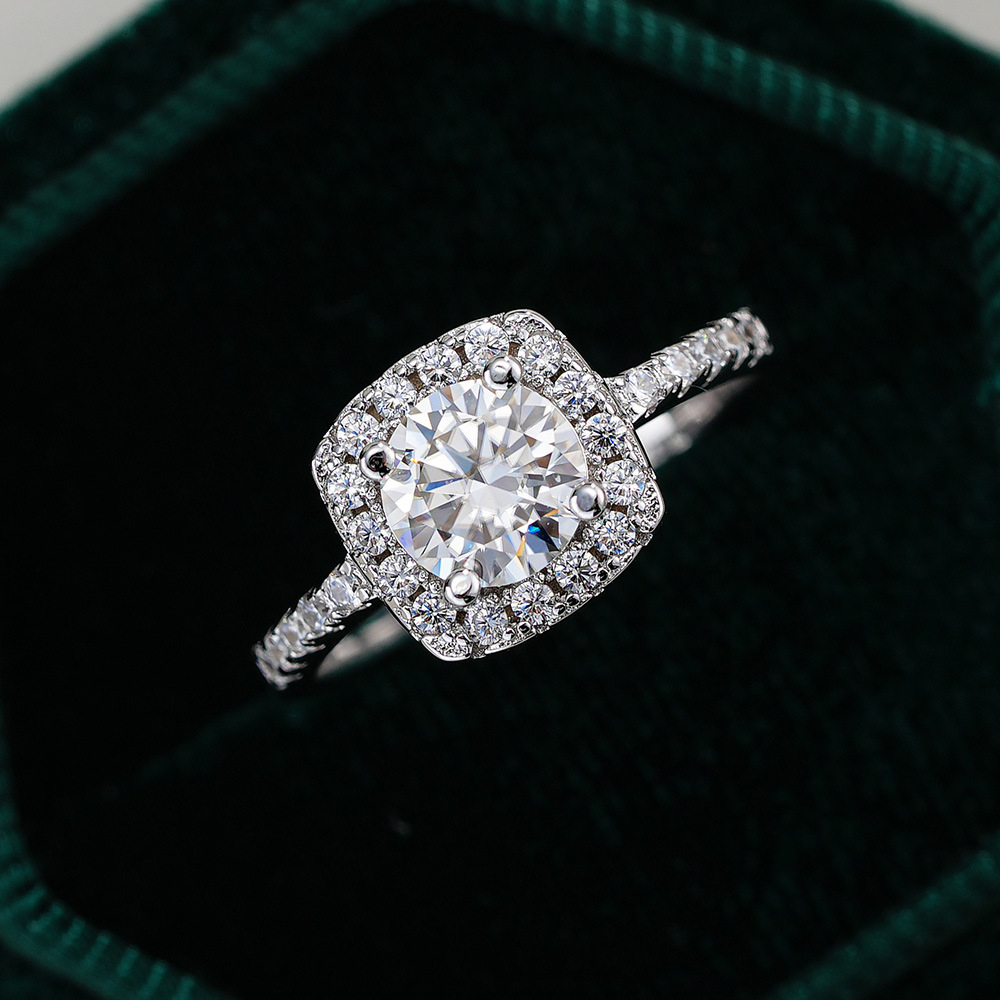 Cushion cut halo engagement ring with pave diamond band sterling silver wedding ring