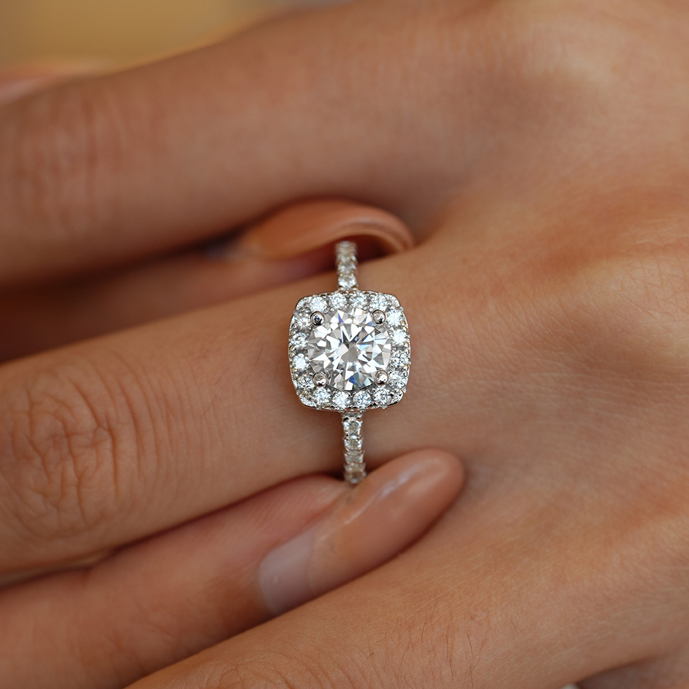 Cushion Cut Halo Moissanite Engagement Ring, Pave Side Stone Silver Bridal Wedding Ring - Image 5