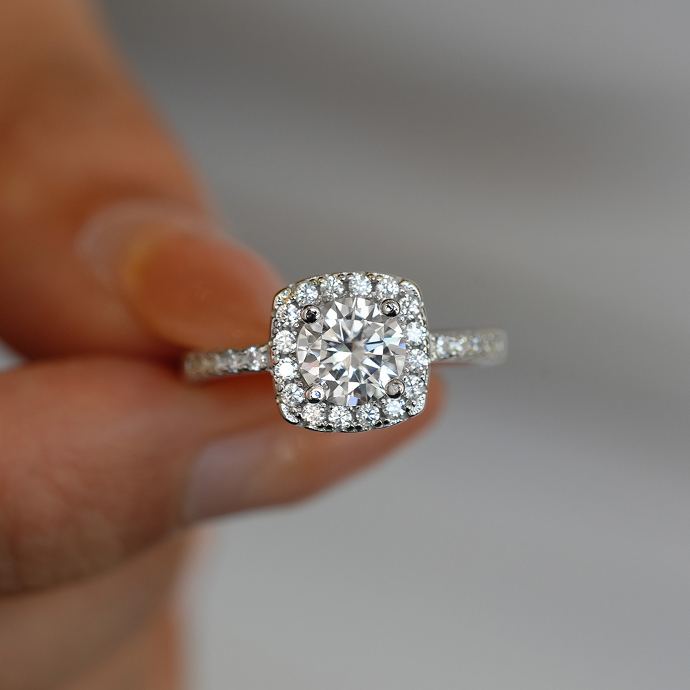 Cushion Cut Halo Moissanite Engagement Ring, Pave Side Stone Silver Bridal Wedding Ring - Image 4