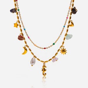 Double gold layered necklace made of stainless steel with ocean-themed charms, adjustable lengt