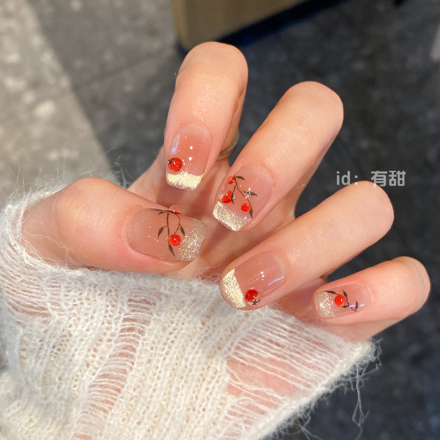 Cute cherry design press on nails, uñas postizas diseño de cereza lindas, süße Kirsch-Design-Kunstnägel, faux ongles mignons motif cerise, かわいいチェリーデザインのつけ爪