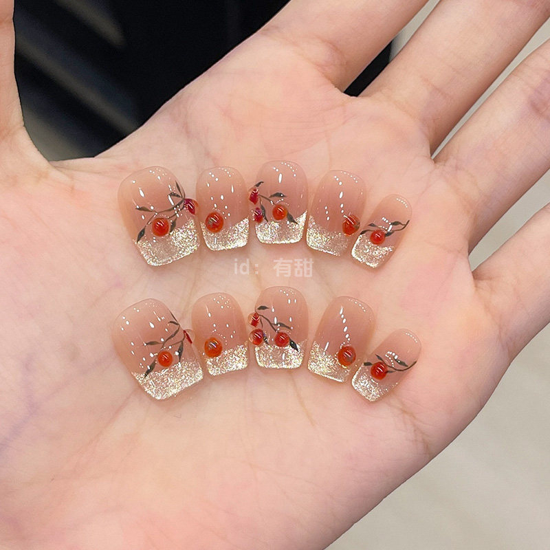 Handmade Cute Press on Nails French Luxury Fruit Cat Eye Gold Glitter 10 Pcs - Imagen 3
