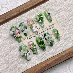 green 3d flower mushroom almond nails, uñas verdes con flores y setas almendradas, grüne 3d blumen pilz mandel nägel, ongles verts 3d fleurs champignons amande, 緑の3d花キノコアーモンドネイル