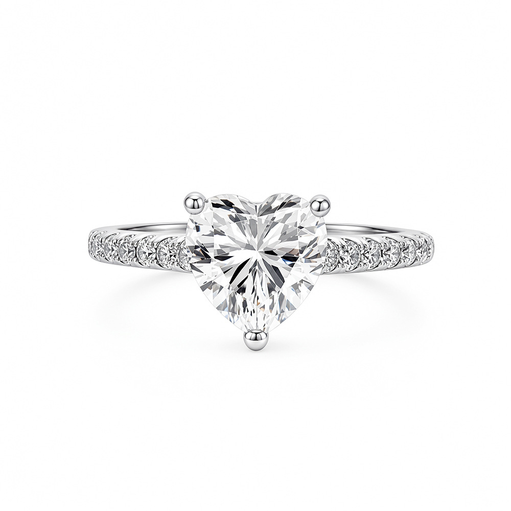 Heart Shaped Moissanite Engagement Ring, Sterling Silver Pave Side Stone Wedding Ring for Women, Three Prong Heart Cut Moissanite Promise Ring