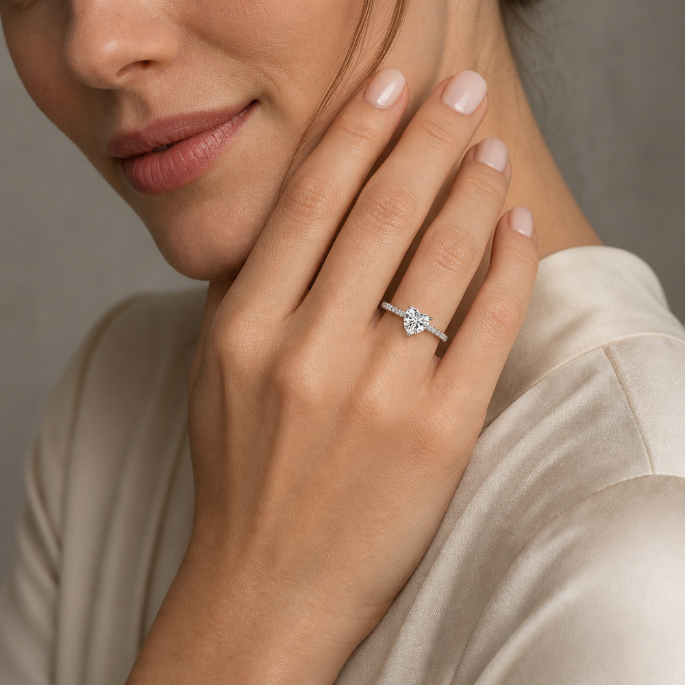 Heart Shaped Moissanite Engagement Ring | Silver Pave Band Wedding Promise Ring For Women - Image 2