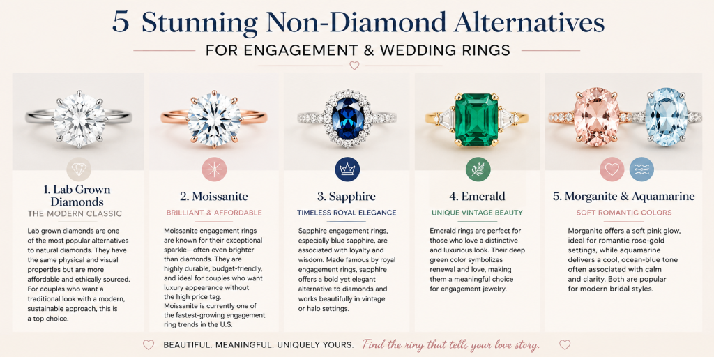 Infographic of non-diamond engagement and wedding rings featuring lab grown diamonds, moissanite, sapphire, emerald, morganite, and aquamarine as alternative gemstone options for modern couples, Infografía de anillos de compromiso y boda sin diamantes con diamantes de laboratorio, moissanita, zafiro, esmeralda, morganita y aguamarina como alternativas de piedras preciosas para parejas modernas,Infographie de bagues de fiançailles et de mariage sans diamant présentant des diamants de laboratoire, moissanite, saphir, émeraude, morganite et aigue-marine comme alternatives de pierres précieuses pour les couples modernes, Infografik zu Verlobungs- und Eheringen ohne Diamanten mit Labor-Diamanten, Moissanit, Saphir, Smaragd, Morganit und Aquamarin als alternative Edelsteine für moderne Paare
