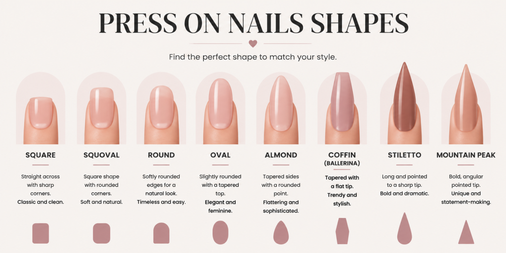 Press on nails shapes guide showing common styles including square, squoval, round, oval, almond, coffin, stiletto, and mountain peak nail shapes for manicure design reference.Guía de formas de uñas press on,Press-on-Nagelformen Leitfaden,Guide des formes d’ongles à presser