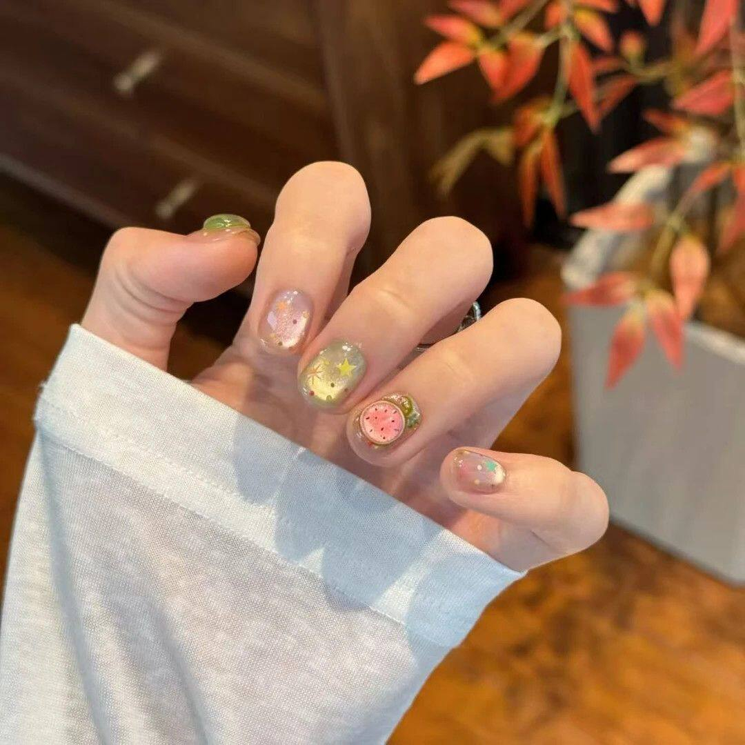 Cute Summer Jelly Press On Nails Short Square Cat Eye Watermelon Fruit Design â Bild 3