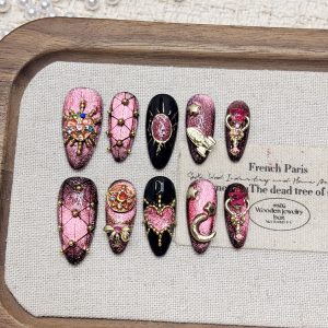 luxury pink black handmade press on nails handmade almond shape 10 pcs