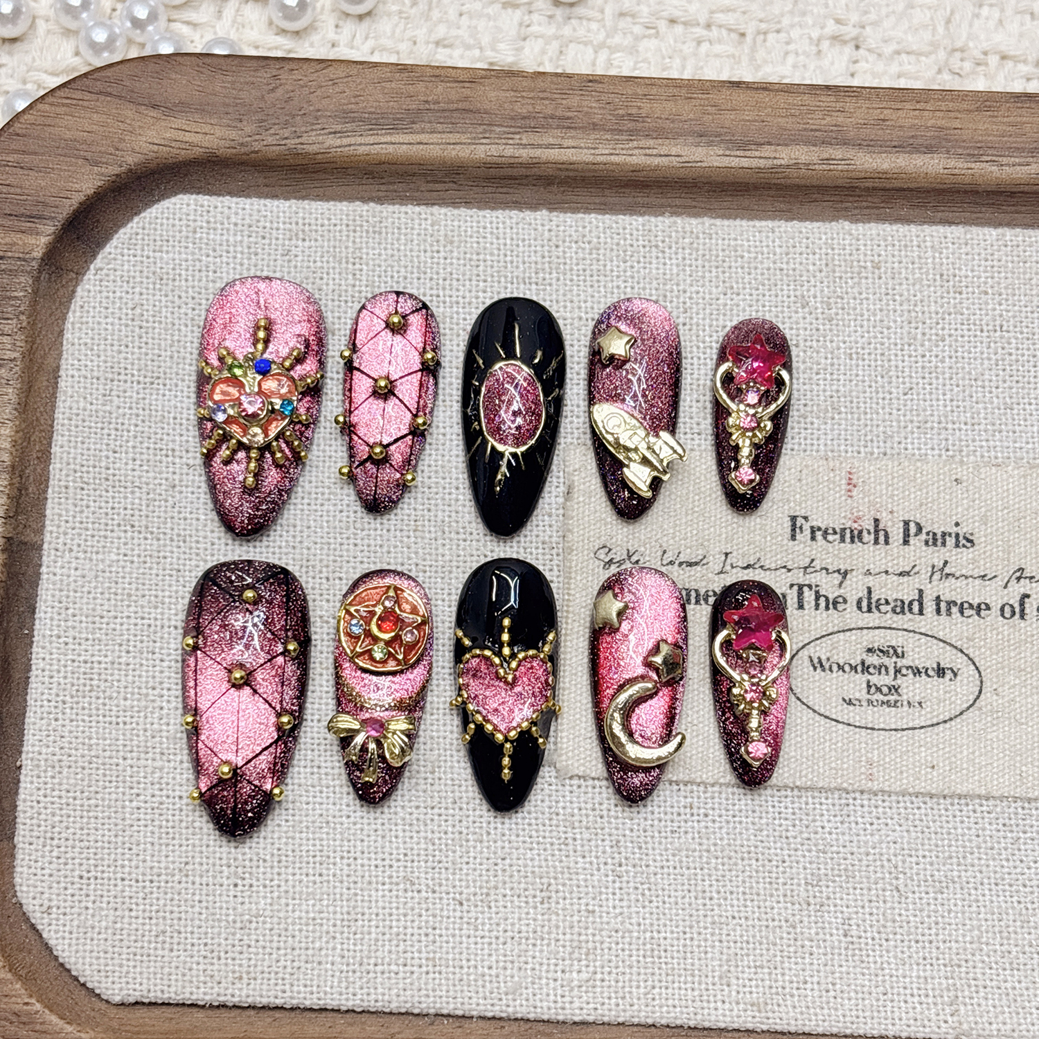 luxury pink black handmade press on nails handmade almond shape 10 pcs