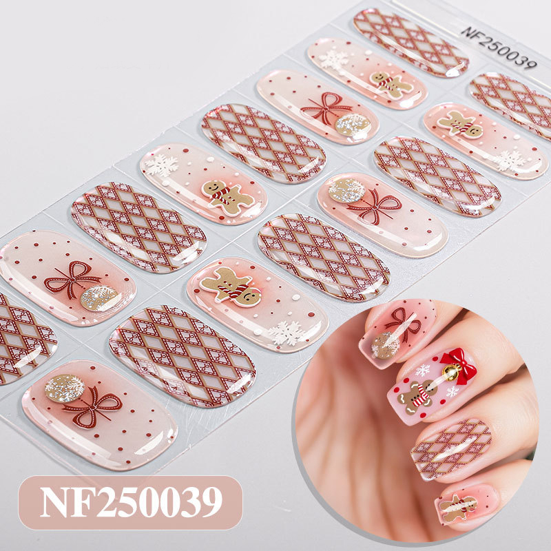 semi‑cured UV gel nail strips,16 pieces. Gingerbread man & bow print nail wraps for quick DIY home Christmas manicure