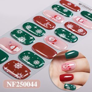 Festive Christmas semi‑cured gel nail strips,16 strips per set. UV cured nail wraps with snowflake & Santa print