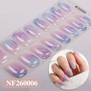 Dreamy pastel gradient star gel nail wraps,16 strips. Glossy semi‑cured design purple and pink
