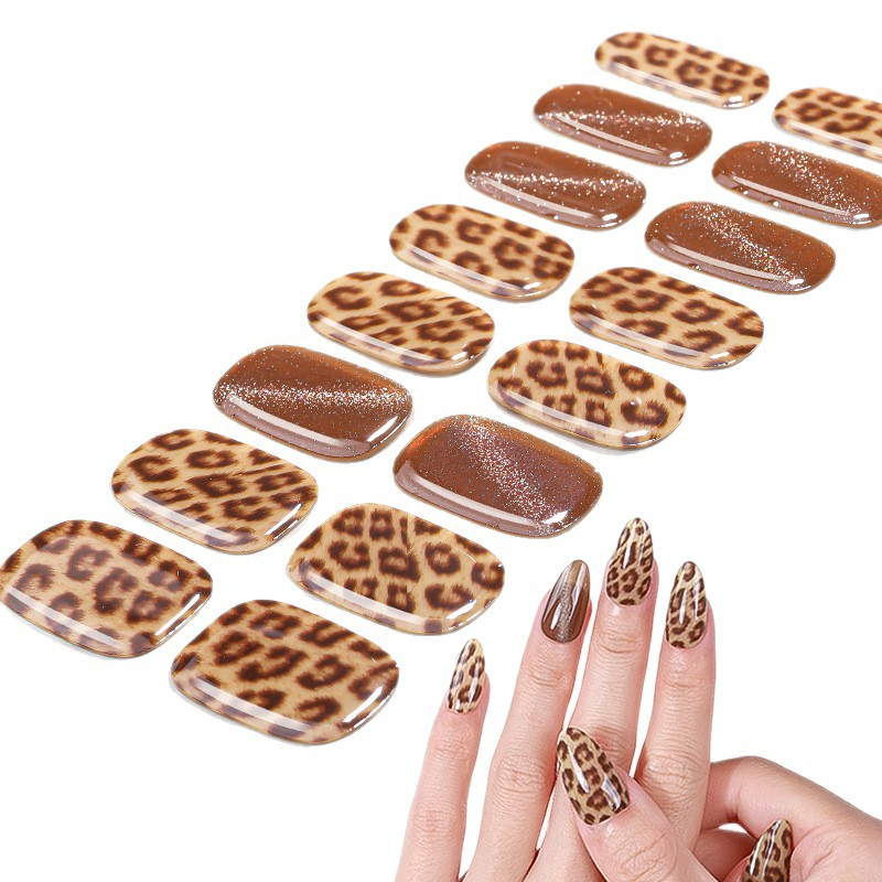 leopard print semi cured gel nail strips 16 pieces glitter wholesale