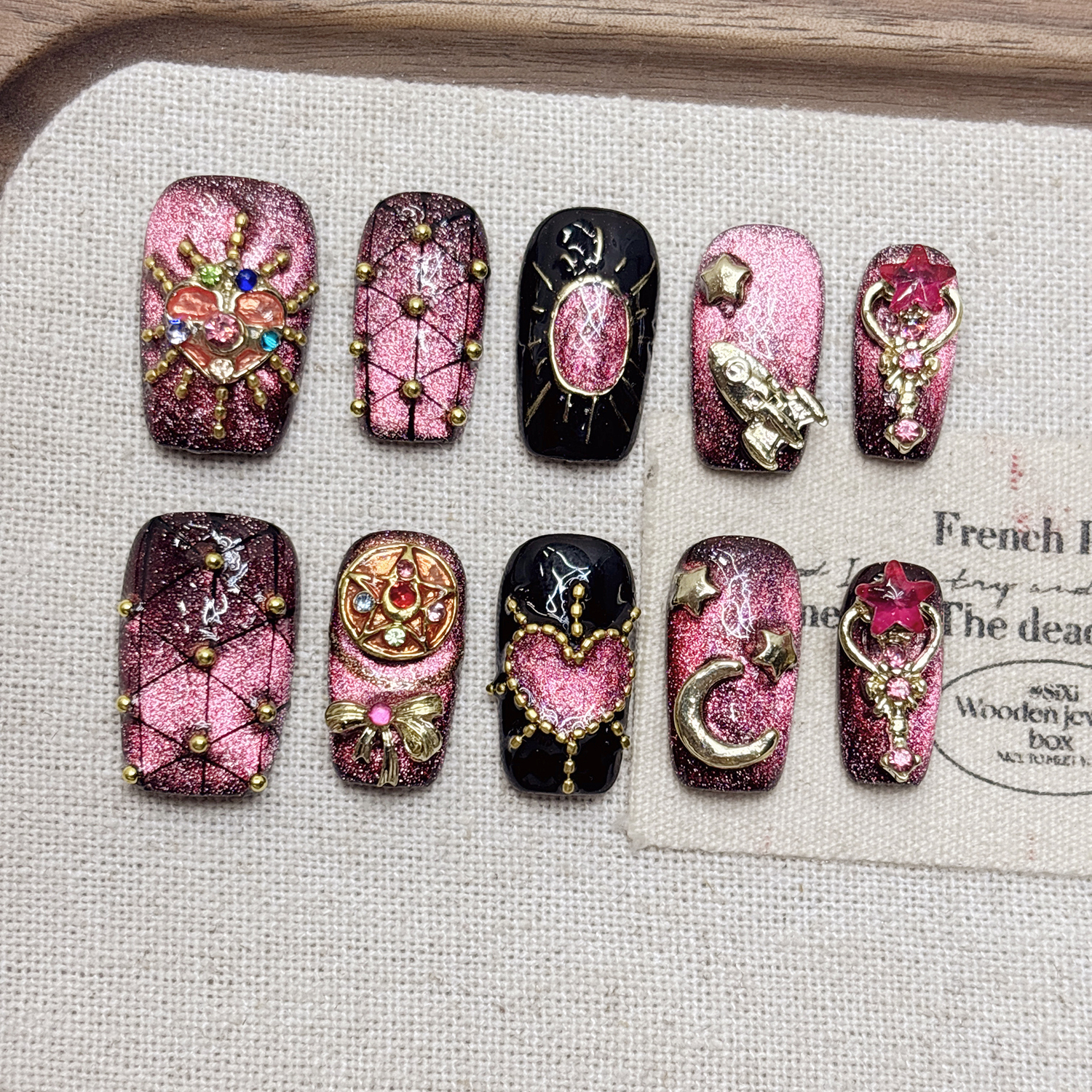 Magical Pink Black Press‑on Nails, Moon Star Rocket Charms Handmade Fake Nails 10pcs/set - Image 2