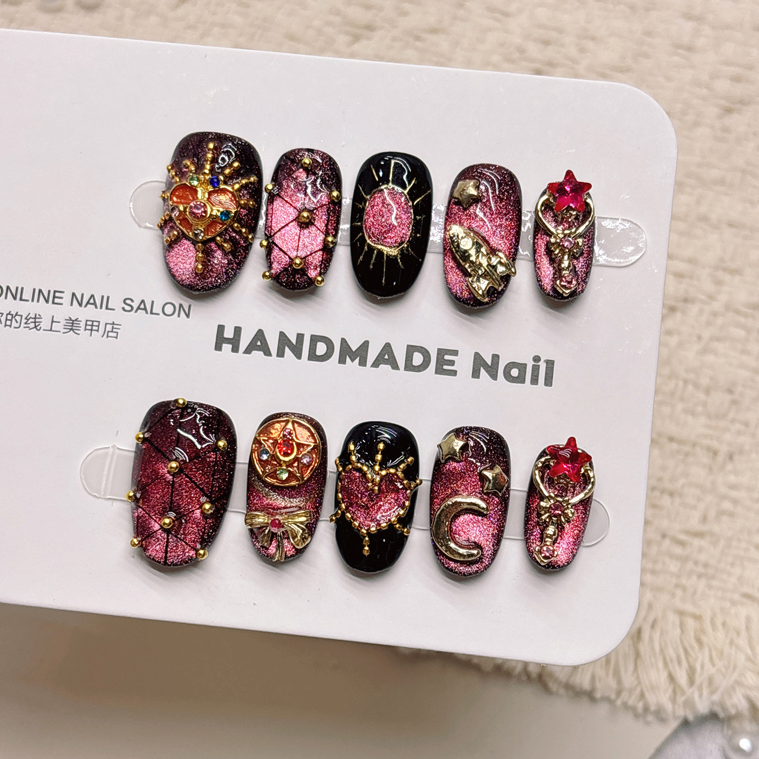 Magical Pink Black Press‑on Nails, Moon Star Rocket Charms