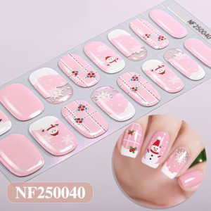 Pink Christmas semi‑cured UV gel nail strips,16 strips. Snowman & snowflake prints