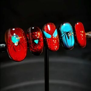 spiderman pattern press on nails for cosplay oval shape 5pcs display