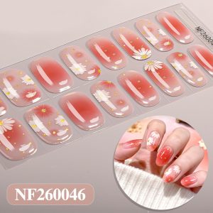 Semi‑Cured Gel Nail Strips, Pink Floral Daisy UV Gel Nail Wraps 16 Pcs